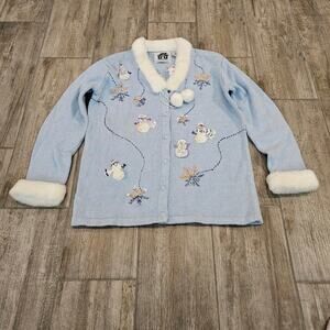 Storybook Knits Embellished Snowman Sweater Womens XS Blue Holiday Cardigan NEW